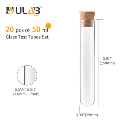 ULAB Scientific 20pcs 50ml Round Bottom Glass Test Tubes Set, 3.3 Borosilicate Glass, Dia.25x150mm, Packed with Stoppers, UTT1026 - style: 20pcs 50ml Glass Test Tubes with Stopper