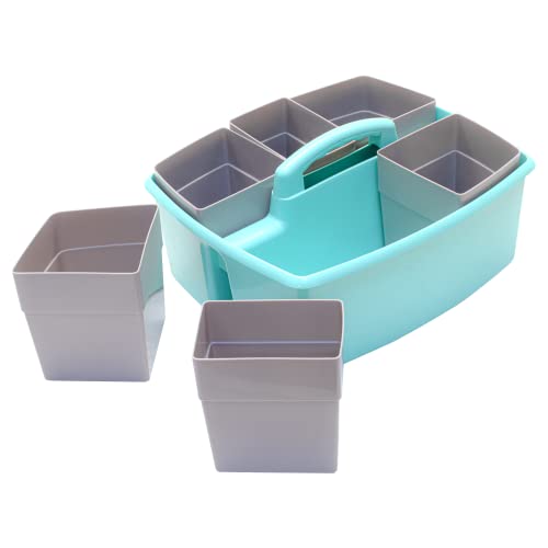 Storex Large Classroom Caddy with Cups, 13 x 11 x 6.575 Inches, Teal, Case of 2 (00984U02C) - color: Teal, size: 2-Pack, style: Large with Cups