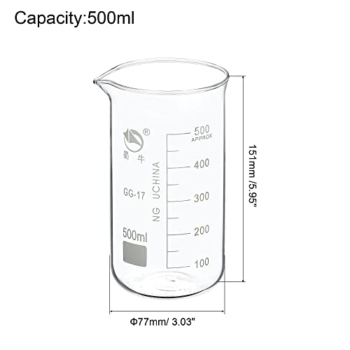 PATIKIL 500ml Tall Form Glass Beaker, 3.3 Borosilicate Glass Graduated Printed Scale Measuring Cups with Spout for Kitchen Lab Liquids Transit Boiling - size: 500ml