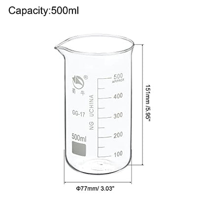PATIKIL 500ml Tall Form Glass Beaker, 3.3 Borosilicate Glass Graduated Printed Scale Measuring Cups with Spout for Kitchen Lab Liquids Transit Boiling - size: 500ml