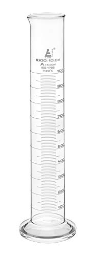 EISCO Graduated Cylinder, 1000ml - Class A Tolerance ±5.00ml - Round Base - White Graduations - Borosilicate 3.3 Glass