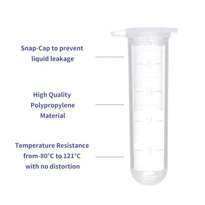 5ml Microcentrifuge Tubes 200PCS,Centrifuge Tubes with Attached Lid,Clear Round Micro Centrifuge Small Sample Bottle Vials Container for Lab,Plastic Lab Snap Tubes,Clear Graduation,Bag Pack - size: 5ml