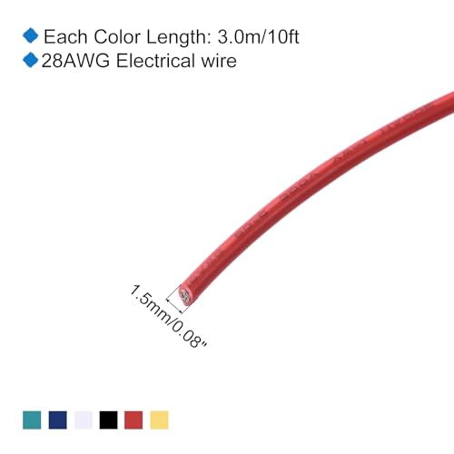 MECCANIXITY 28 Gauge PVC Hookup Wire 3.0m/10ft 28AWG Flexible Electrical Wire UL1007 Tinned Copper Stranded 6 Color, 1.5mm Dia for Model Aircraft Electric Appliances Internal Connect - size: 3.0m, 28AWG