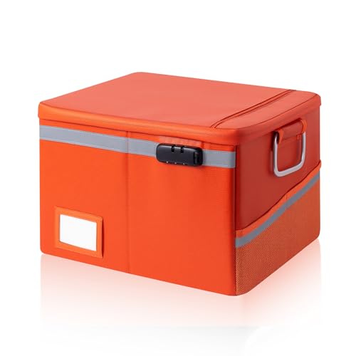 Fireproof Waterproof Document Box with Lock Collapsible Portable File Organizer Hard Shell Storage for Hanging Letter Legal Folders Home Office Safe Orange 15.7x11.2x10.2in - color: Orange
