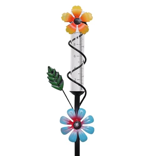 Flower Rain Gauge Outdoor, 5 Inch Glass Tube Freeez-Proof Metal Stake Weather-Resistant Rain Gauge-Lawn and Garden Yard Decor for Accurate Precipitation Measurement