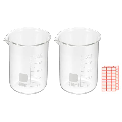 PATIKIL 400ml Glass Beaker, 2 Pack Measuring Glass Beaker Graduated Borosilicate Lab Cups Mug Low Form Heat Safe Transparent with Spout Label for Laboratory Science Kitchen Liquids - size: 400ml