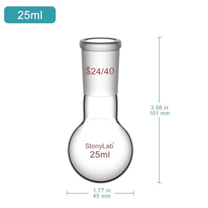 StonyLab Glass 25ml Heavy Wall Single Neck 1 Neck Round Bottom Flask RBF, with 24/40 Standard Taper Outer Joint – 25ml - size: 25 ml