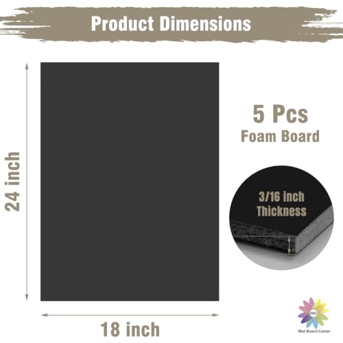 Mat Board Center 18x24 Black Foam Boards Pack of 5, 3/16" Thick - color: Black, size: 18x24