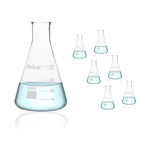 Conical Flask Set, Glass Erlenmeyer Flasks, 6pcs of Vol.100ml, Borosilicate 3.3 Glass Material with Printed Graduation.EFNG100A6 - style: Vol.100ml, pack of 6