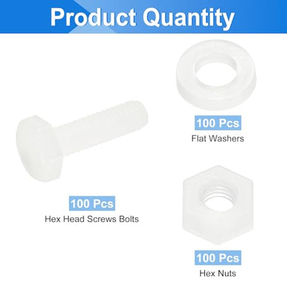 uxcell 300 Pcs/100 Sets Nylon Hex Bolts, M3 x 10mm Plastic Full Threaded Hex Head Screws Bolts and Nuts with Flat Washers for Machinery Electronics Industrial Accessories, White - size: M3 x 10mm