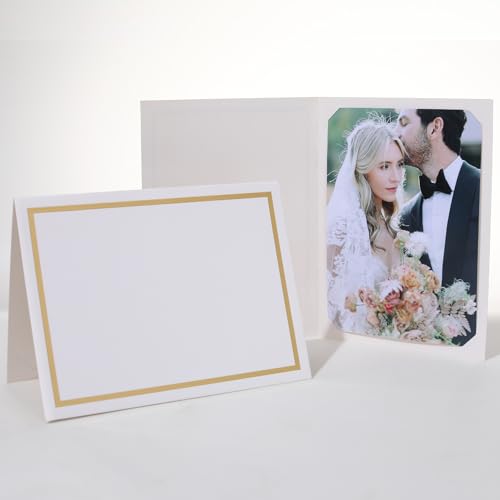 100 Count Photo Folders for 4x6 or 5x7 Pictures,Paper Picture Frames,Cardboard Greeting Photo Frame Cards for Graduation Wedding Birthday Classroom DIY (White with Gold Trim) - style: 100CT - White