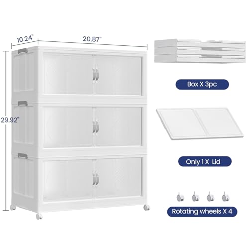 180QT Extra Large Stackable Storage Bins with Lid, 45Gal Plastic Closet Organizers and Storage Drawer, Collapsible Cabinet Box with Wheels Clear Doors for Home Kitchen Office, 3Pack White - size: 60QT