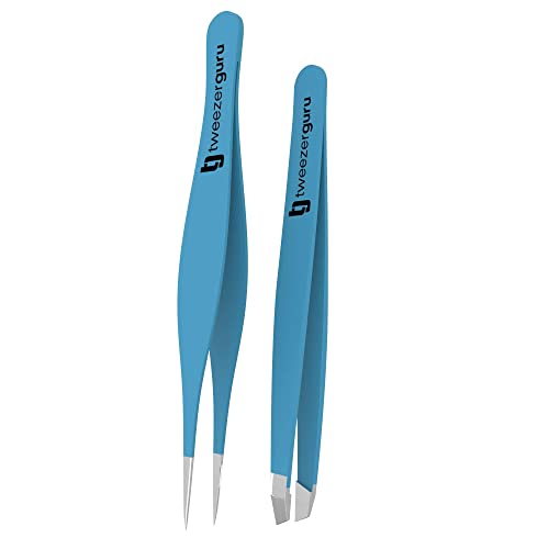 Tweezer Guru Eyebrow Tweezers for Women & Men - Set of 2, Professional, Stainless Steel, Slant and Pointed Tweezers for Ingrown Hair, Splinters and Blackhead Removal (Teal) - color: Teal