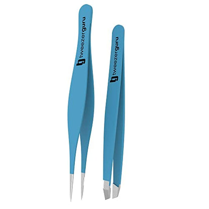 Tweezer Guru Eyebrow Tweezers for Women & Men - Set of 2, Professional, Stainless Steel, Slant and Pointed Tweezers for Ingrown Hair, Splinters and Blackhead Removal (Teal) - color: Teal