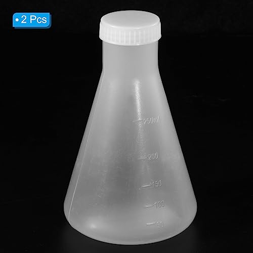 PATIKIL 250ml Plastic Erlenmeyer Flask with Screw Caps, 2 Pack Narrow Mouth Conical Flask for Laboratory, Clear - size: 250ml