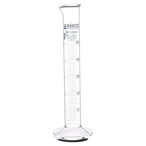 Graduated Cylinder, 50ml - Class A Tolerance ±0.50ml - Round Base - Blue Graduations - Borosilicate 3.3 Glass - Eisco Labs - size: 50mL