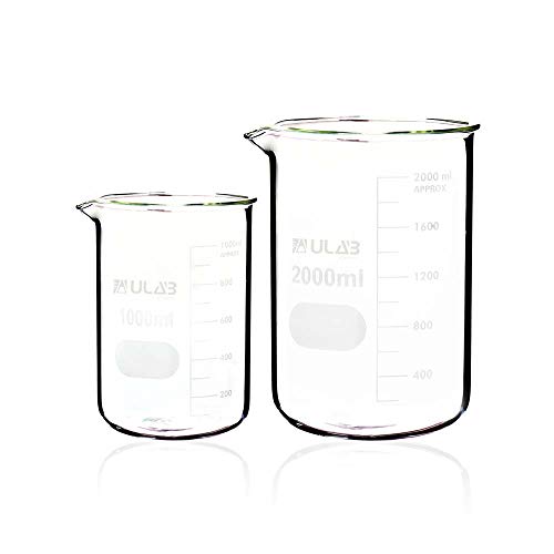 ULAB Scientific Glass Beaker Set, 2 Sizes 1000ml 2000ml, 3.3 Borosilicate Griffin Low Form with Printed Graduation, UBG1018 - style: Vol. 1000ml & 2000ml