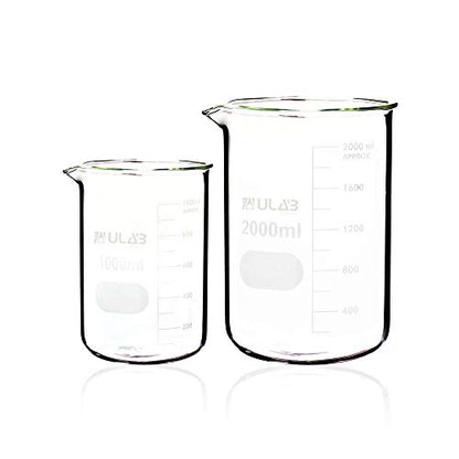 ULAB Scientific Glass Beaker Set, 2 Sizes 1000ml 2000ml, 3.3 Borosilicate Griffin Low Form with Printed Graduation, UBG1018 - style: Vol. 1000ml & 2000ml