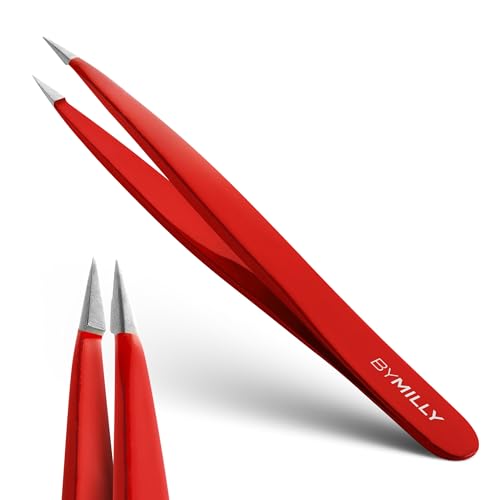 Pointed Tweezers | High Carbon Stainless Steel Needle Nose | Fine Point Precision Hair Removal | Perfectly Aligned & Hand-Filed Sharp | Red - color: Red