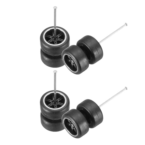 MECCANIXITY 4 Set 1/64 Wheels and Tires Set, Real Riders Rims Includes Axles for RC Diecast Car DIY Model, 6-Spoke Silver Line Black Rims