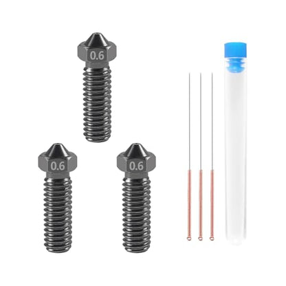 Aokin 3 Pcs 0.6mm 3D Printer Hardened Steel Nozzles for Volcano Nozzle and 3 Pcs 0.5mm Stainless Steel Nozzle Cleaning Needles for Anycubic Vyper, Kobra Max, Kobra Plus, 1.75mm Filament 3D Printer - color: 0.6mm