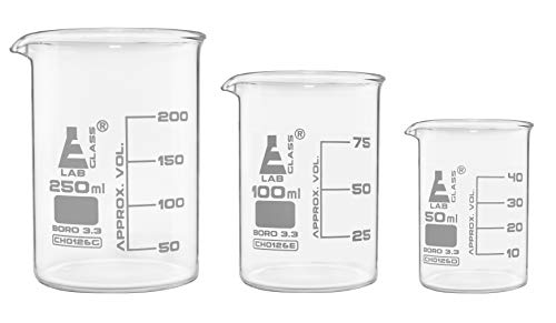 Eisco - 3 Piece Glass Beaker Set 50mL 100mL 250mL Low Form Borosilicate Glass with Graduations for Laboratory and Classroom Use
