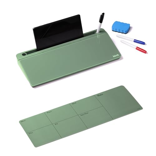 Birch Desktop Glass Whiteboard with Magnetic Weekly Calendar – Dry Erase Board, Keyboard Stand, Hidden Storage, Adjustable Dividers, 3 Markers & Eraser – Office, Home, School – Moss - style: Moss Gen2