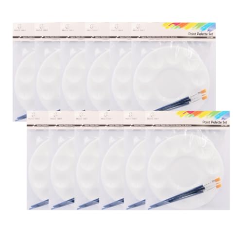 12 Pack Plastic Round Palette Paint Tray with 3 Painting Brush Set, 6.7 inches, Perfect for School Projects and Painting Crafts