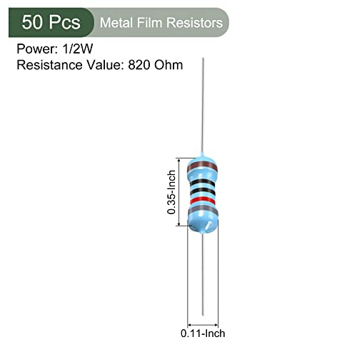 YOKIVE 50 PCS Metal Film Resistors, 820 Ohm Resistor with 1/2W 1% Tolerance, Lead, Good for DIY Electronic Projects (5 Color Bands, 9±1mm) - size: 9±1mm, style: 820