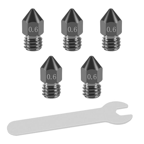 Aokin 5 Pcs 0.6mm Hardened Steel Nozzles MK8 Nozzles 3D Printer Nozzles with High Temperature Wear Resistant for Creality Ender 3/3 Pro/3 V2, Ender 5/5 Pro, CR-10/10S, Makerbot, with Flat Wrench - color: 0.6mm
