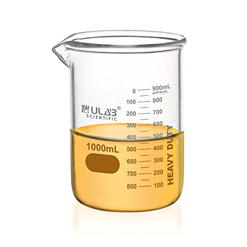 ULAB Heavy Duty Glass Beakers, Vol.1000ml (33.8oz), Borosilicate 3.3 Glass, Thick Wall Beakers, with Double Scale, Superior Durability & Chemical Resistance, UBG1064 - style: 1pc of Vol.1000ml