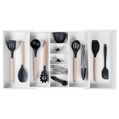 KitchenEdge Utensil & Junk Drawer Organizer, 19-33 in, White Bamboo - color: White Bamboo, size: From 19" to 33" Wide