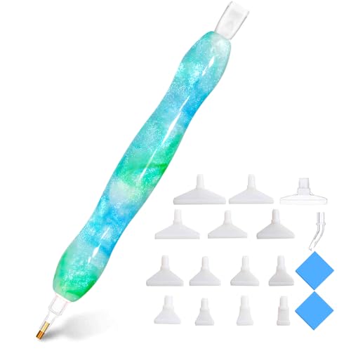 Handmade 5D Diamond Painting Art Pen Picker Kits,15PC Stylus Drill Pen Tips Placers Heads,2PC Wax Clay Glue for Diamond Painting, Nail Art, Cross-Stitch Embroidery,g (Shining White BlueGreen) - color: Shining White BlueGreen