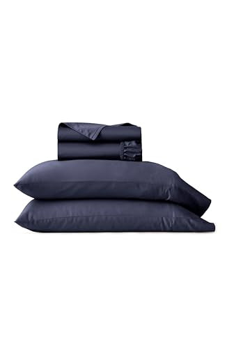 BOLL & BRANCH Percale Hemmed Sheet Set - Cooling Breathable Bed Sheets for Hot Sleepers - Twin, Coastal Navy - Luxury 100% Organic Cotton - 1 Flat, 1 Fitted, 2 Pillowcases - color: Coastal Navy, size: Twin