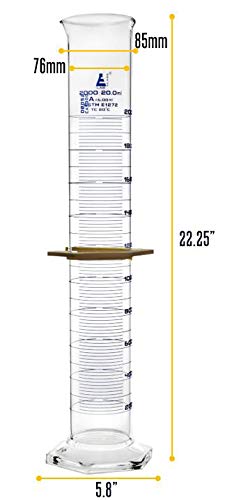 Graduated Cylinder, 2000mL - ASTM, Class A Tolerance ±6.00mL - Protective Collar, Hexagonal Base - Blue Graduations - Borosilicate 3.3 Glass - Eisco Labs - size: 2000mL