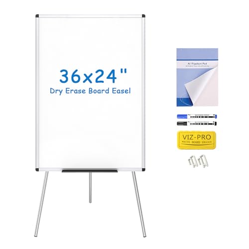 VIZ-PRO Whiteboard Easel, 36 x 24 Inches, Portable Stand Dry Erase Board - size: 36 x 24 Inches - With Flipchart Pad
