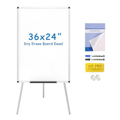 VIZ-PRO Whiteboard Easel, 36 x 24 Inches, Portable Stand Dry Erase Board - size: 36 x 24 Inches - With Flipchart Pad
