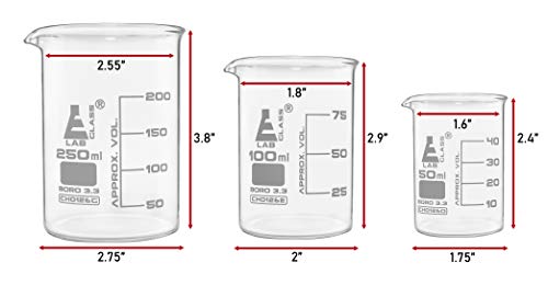 Eisco - 3 Piece Glass Beaker Set 50mL 100mL 250mL Low Form Borosilicate Glass with Graduations for Laboratory and Classroom Use
