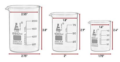 Eisco - 3 Piece Glass Beaker Set 50mL 100mL 250mL Low Form Borosilicate Glass with Graduations for Laboratory and Classroom Use