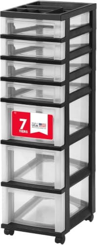 IRIS USA Plastic Drawer Storage Organizer Rolling Cart, with Wheels Casters, 7-Drawers, for Classroom Art Craft Supplies Dresser Closet Bathroom Laundry Room, Black/Clear - color: Black, size: 7 Drawer