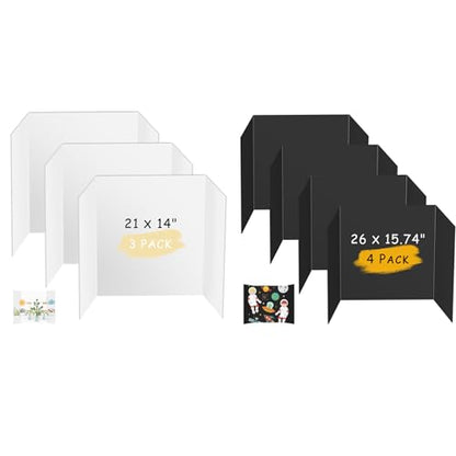 HAUTOCO 3 Pcs Small White Trifold Poster Board 21 x 14 inches and 4 Pcs Black Medium Trifold Poster Board 26 x 15.74 inches