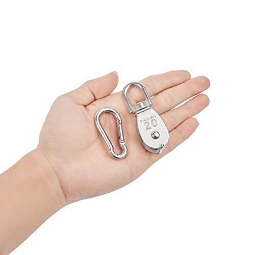 6X 304 Stainless Steel M20 Single Swivel Rope Pulley Blocks with Snap Hooks - size: M20-6pcs