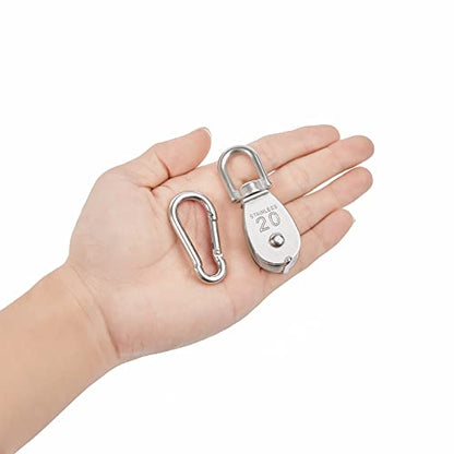 6X 304 Stainless Steel M20 Single Swivel Rope Pulley Blocks with Snap Hooks - size: M20-6pcs