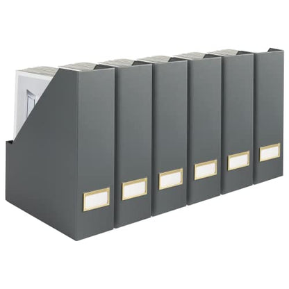 BLU MONACO | Set of 6 Foldable Grey Magazine File Holders with Gold Label Holders | Vertical File Organizer Boxes for Desk, Bookshelf & Home Office Storage - color: Grey