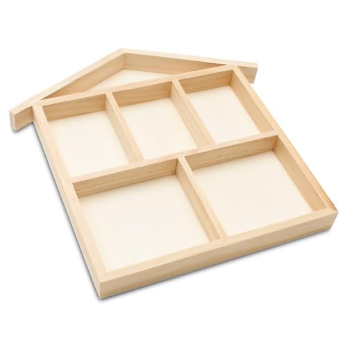 DIY House Shaped Shadow Box 10-inch, Pack of 5, 6-Section Wooden Divided Serving Tray for Crafts & Candy/Food Party Tray, by Woodpeckers - size: 10" x 10" House Shape