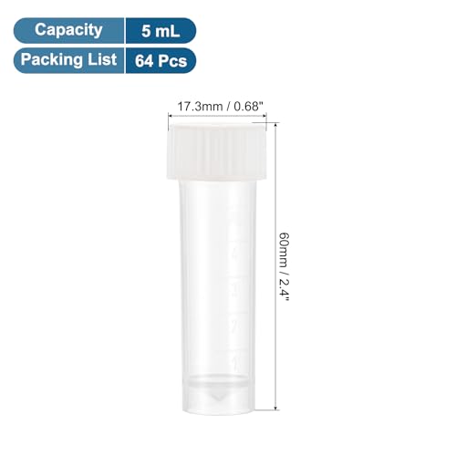 PATIKIL 5mL Plastic Cryogenic Vial, 64Pcs Cryogenic Storage Tube Lab Frozen Test Tube Container Storage Screw Cap for Lab Laboratory Science, White Clear - color: White, size: 5ml