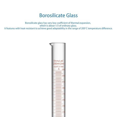 stonylab Class A Graduated Cylinder, 250 ml Borosilicate Glass High Precision Measuring Cylinder with Clear Scale and Stable Base for Laboratory Liquid Measurement - size: 250 ml