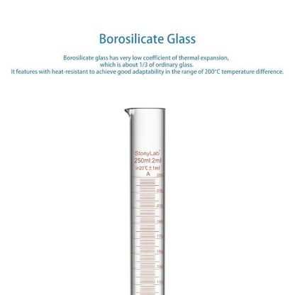 stonylab Class A Graduated Cylinder, 250 ml Borosilicate Glass High Precision Measuring Cylinder with Clear Scale and Stable Base for Laboratory Liquid Measurement - size: 250 ml