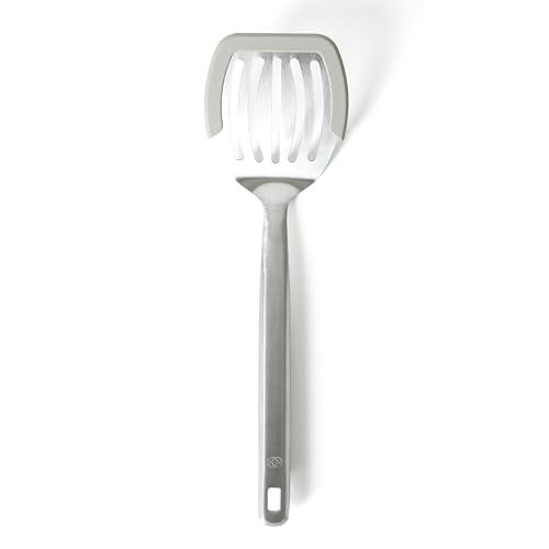 Calphalon Prime Slotted Turner, Stainless Steel Wide Slotted Spatula with Silicone Rim for Nonstick Cookware, Heat Resistant Durable Kitchen Tool for Cooking, Flipping, Draining and Serving - color: Taupe II, size: Slotted Turner