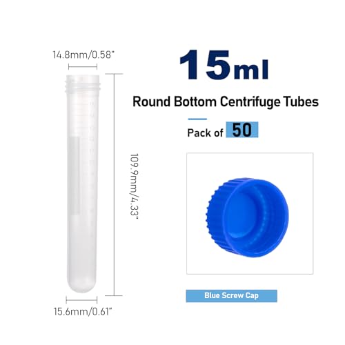 15mL Round Bottom Centrifuge Tubes with Rack, 50pcs